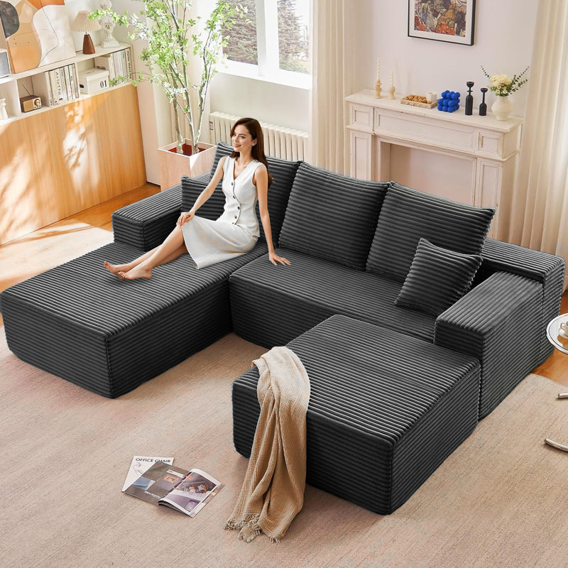 Canapé à compression en U en velours côtelé pelucheux avec méridienne, coussins entièrement en mousse, aucun assemblage requis