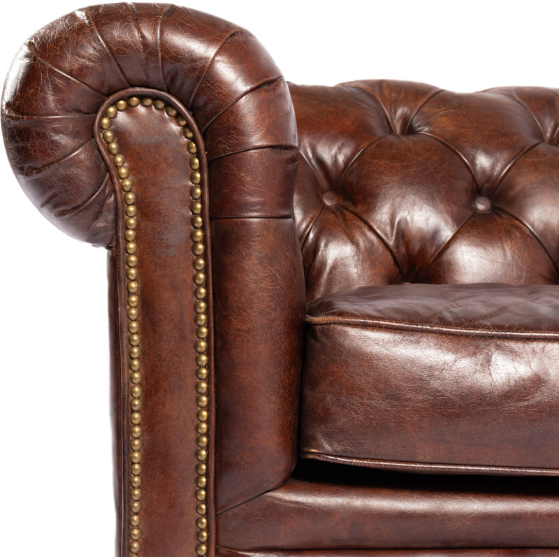 87" Genuine Leather Rolled Arm Chesterfield Sofa with Reversible Cushions, Brown Genuine Leather