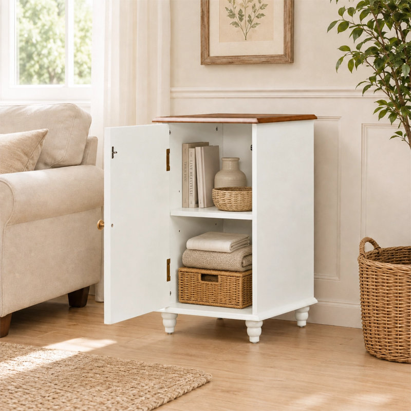 Meuble bas moderne de style milieu du siècle, de 27 pouces de hauteur, avec tablette réglable et pieds en bois massif.