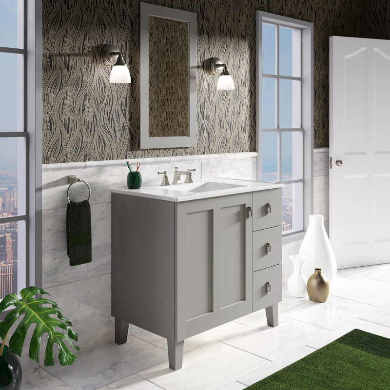 Poplin® 36 In. Vanity with Furniture Legs, 1 Door and 3 Drawers on Right, Mohair Gray