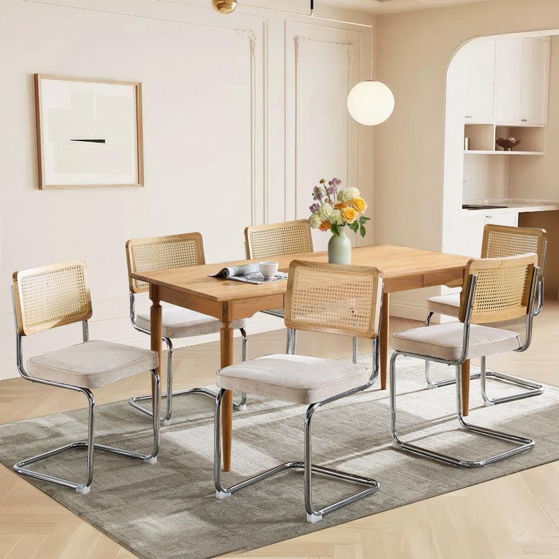 Crumley Upholstered Side Chair With Cane Rattan Back And Steel Frame, White