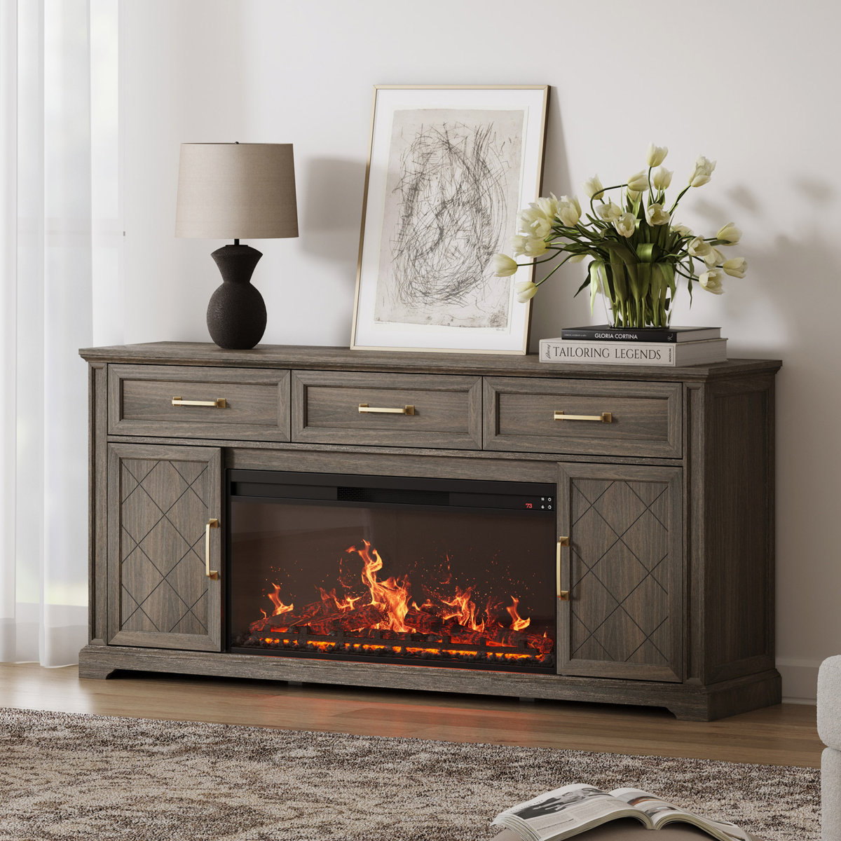 68 " Farmhouse TV Stand with 36" Electric Fireplace, Sound Function, Timer, Remote Control