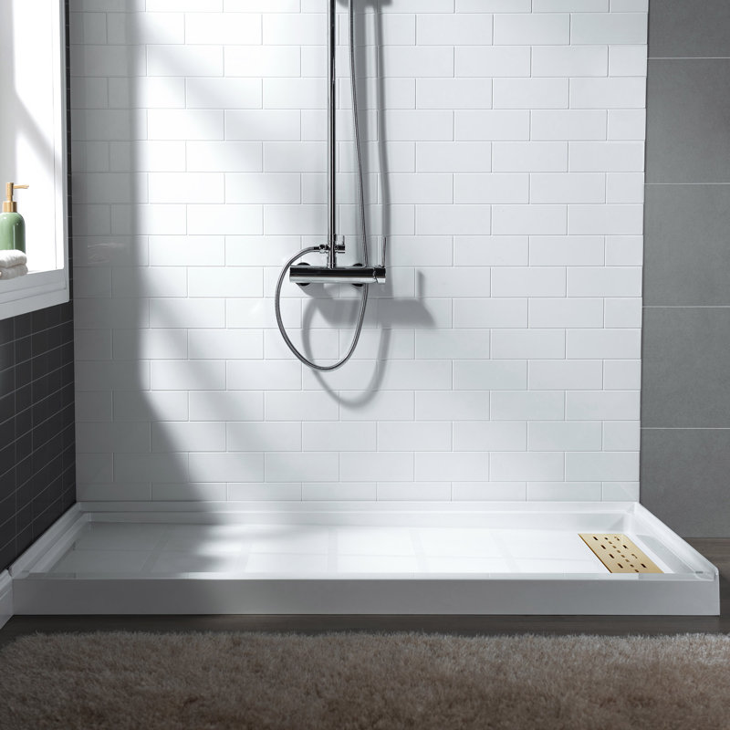 60" x 36" Solid Surface Single Threshold Shower Pan Base with Drain Assembly & Drain Cover Included, Non-Slip, Right