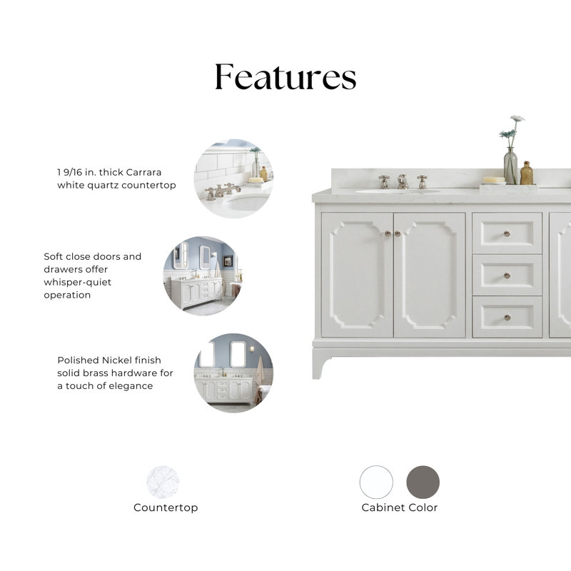 Bernardo Queen 72" Sink Carrara Quartz Countertop Bath Vanity with Faucet, Pure White, Standard, 60"