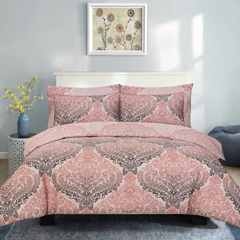 Bedding, King Duvet Cover + 2 Standard Pillowcases, Damask Pink