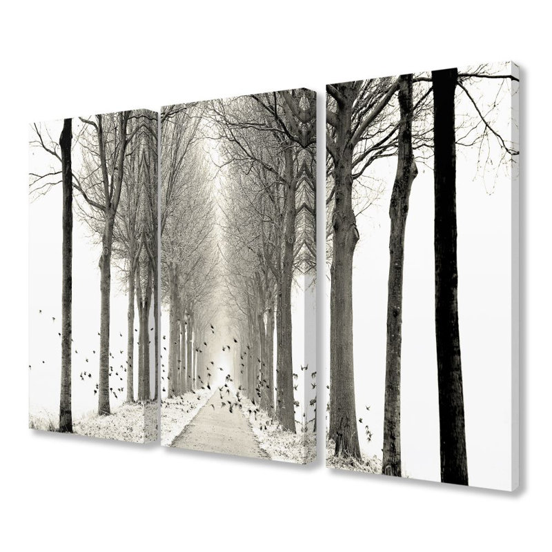 «Minimal Winter Forest Pathway with Birds», ensemble de 3 impressions sur toile panoramique, Toile tendue, H 16 po x l 24 po