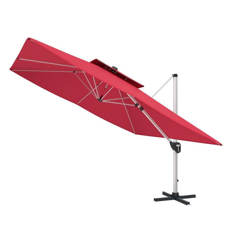 Double toit carré extérieur de 11 pi avec parasol de patio rouge, performance bloquant le soleil Upf50 +, tissu teint dans la masse 280 grammes, colonne en aluminium avec 8 os en acier, rotation à 360 ° pour des applications multiples