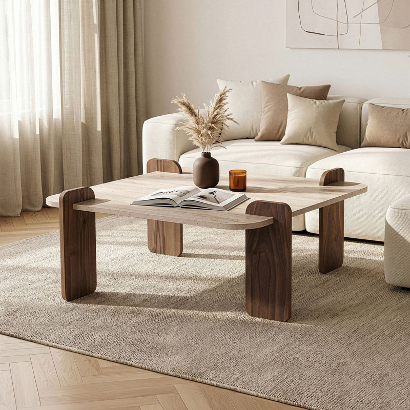 Table basse, H 13,78 po x l 46,06 po x P 46,06 po, Travertin / noyer