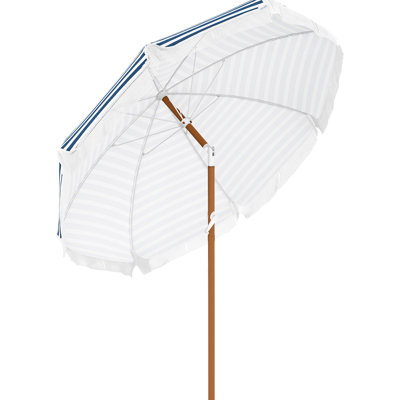 Parasol de table d'extérieur 7 X Ft avec fonction inclinable et auvent à rayures bleues à franges pour la salle à manger avec pare-soleil 7x7 - Ruffles Sunblock