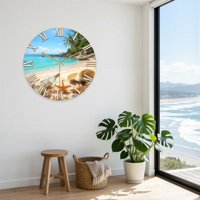 Landscape & Nature Tropical Beach Scene With Palm Trees And Ocean View Ultra Clear Glass Wall Clock