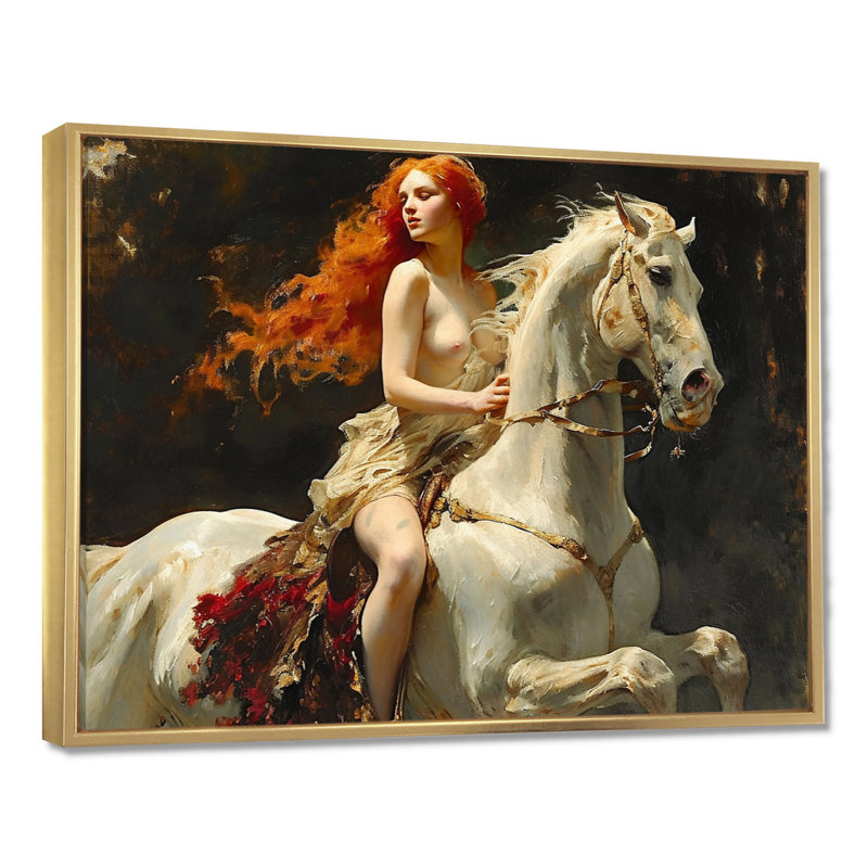 «Wild Lady Godiva On White Horse - Modern Woman», art mural, H 24 po x l 32 po, Cadre flottant doré