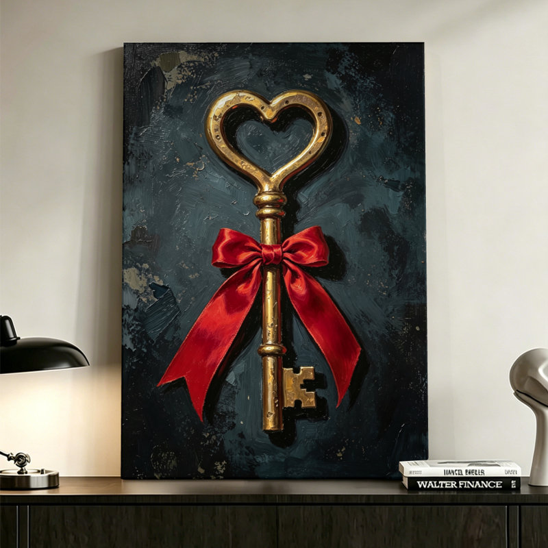 Tableau sur toile « Clé en forme de cœur doré » de style vintage romantique, impression sur toile tendue sur châssis, 61 x 91 cm, rouge et or, décoration murale romantique pour chambre, entrée et salon