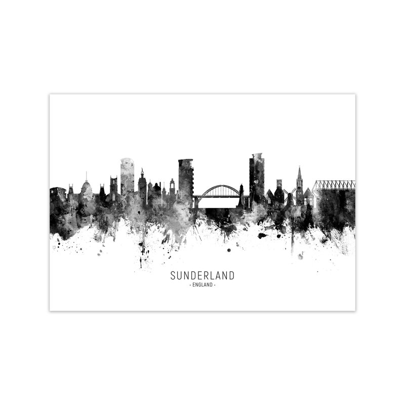 Sunderland England Skyline Black White City Name by Michael Tompsett - Print, 21cm H x 30cm W x 1cm D, Unframed