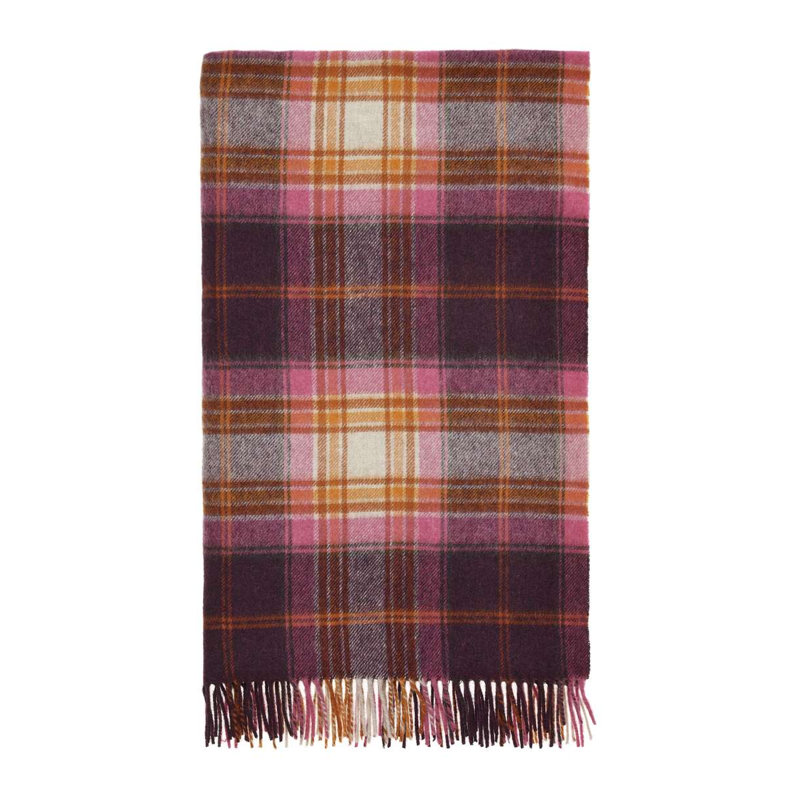 Jeté tissé en laine d'agneau Merino, Rouge / beige / rose / damier orange
