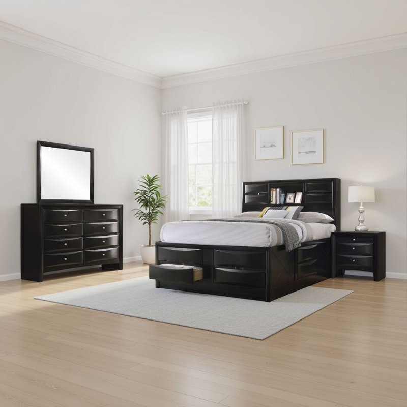 Ica 4pc Queen Bedroom Set with Storage Headboard and Footboard, Black, Queen