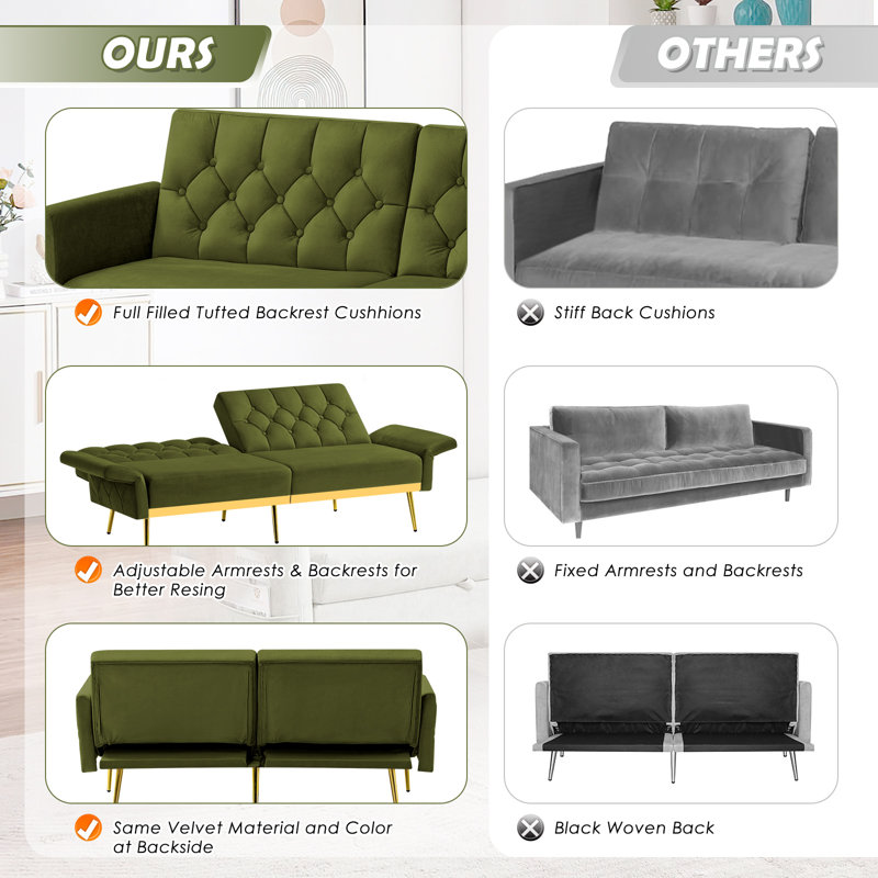 Zineta 67'' Velvet Sleeper Sofa, Olive Green