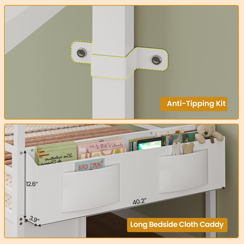 Structure de lit simple avec 6 tiroirs, lit en forme de maison avec guirlande de lumières sphériques, lit mezzanine bas avec garde-corps de sécurité, échelle inclinée, pas besoin de boîte de rangement, peu d'espace pour la chambre à coucher