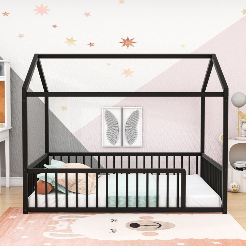 Metal Floor Bed With Guardrails, House-Shaped Design, Black, Full