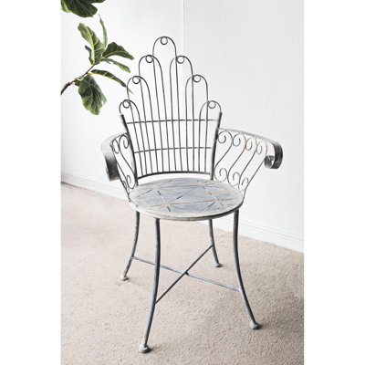 Distressed Silver Finish Iron Chair For Living Room And Patio Decor, 23x22x38 Inches, Art Flair, Scrolled Arms, Round Seat, 100% Iron, Assembly Required Inches Accent With Fan - Shaped , Outdoor