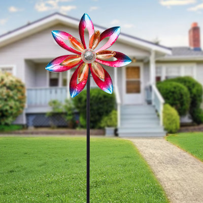 Outdoor Wind Spinner,solar Flower Wind Spinner – 62.2-inch Colorful Metal Petal Garden Decor, Led Light,dynamic Spinning Yard Art For Patio, Lawn & Garden