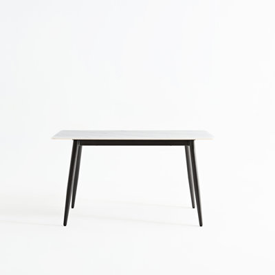 Modern Stone 1.4m Rectangular Dining Table With Metal Base For Kitchen And Room, White Ceramic Top, Heat Scratch Proof, Rounded Edge Design, Stylish Legs, Easy To Install, Multiple Uses Large Support