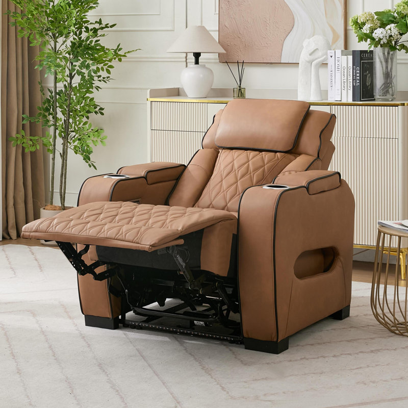 Sizemore Power Reclining Pu Leather With Cup Holders Living Room Recliner Brown, Brown