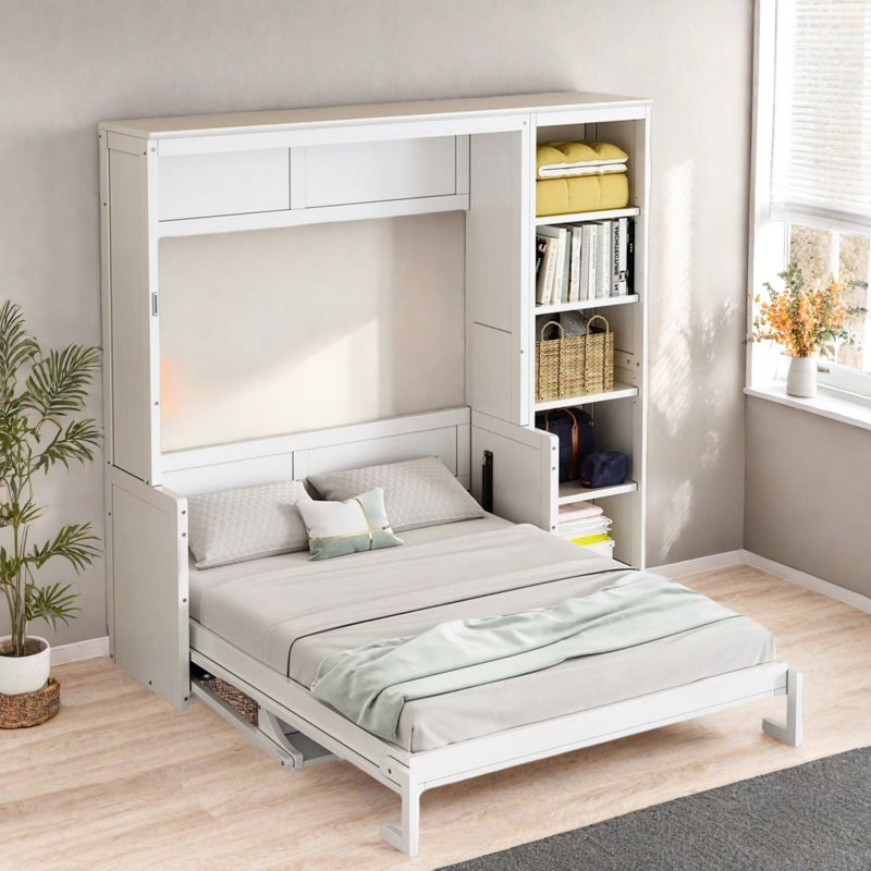 Lit escamotable Liftup avec bureau et tablettes, bois de pin massif et panneau de fibres à densité moyenne, Blanc, Double