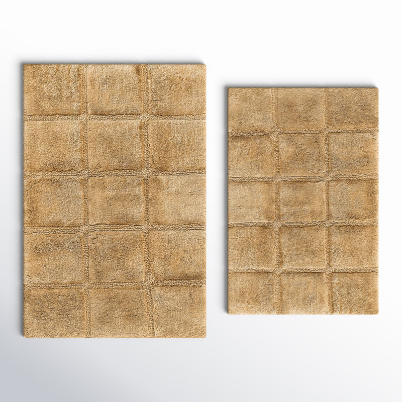Sandcliff Checkered Cotton Non-Skid Machine Washable 2 Piece Bathroom Rug Set, Checkers Toast