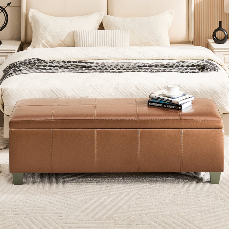 Banc de rangement rembourré en similicuir de 41 po de largeur, H 15,5 po x l 41 po x P 16,3 po, Marron clair