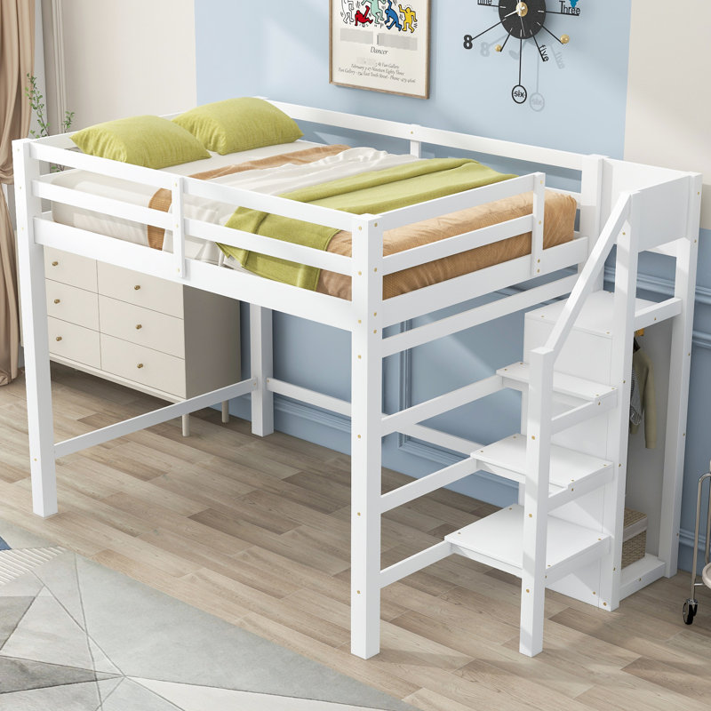 Lit mezzanine double avec rangement intégré et escalier, structure en bois de pin blanc pour la chambre à coucher, White