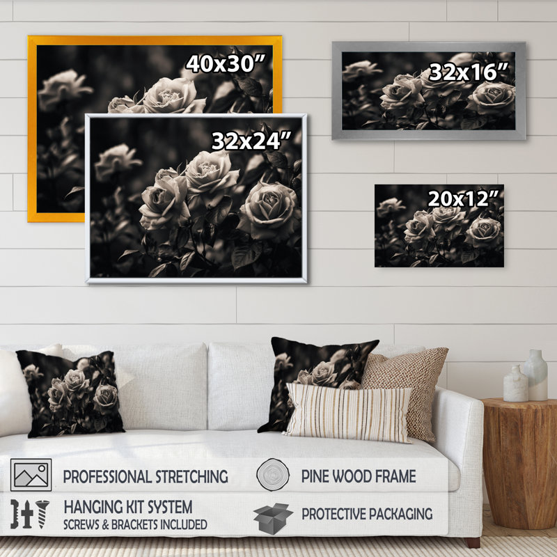 «Gray Romantic Roses II», impression sur toile, Cadre photo noir, H 12 po x l 20 po x P 1 po