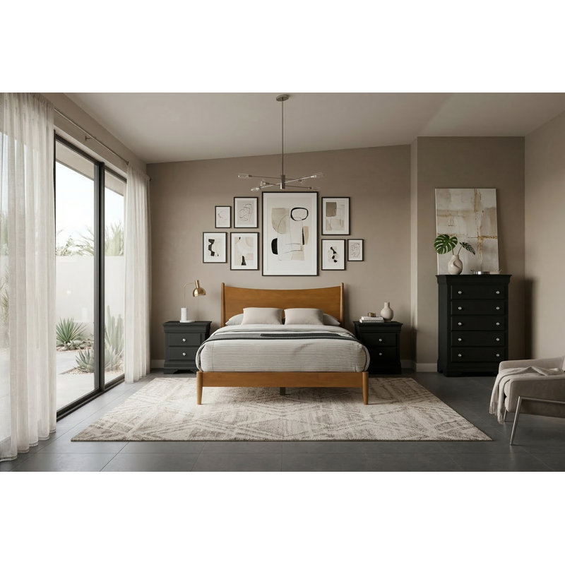Barvelle Solid Wood 4 Pieces Bedroom Set, Black/Amber Walnut, 4 Pcs: Bed, Chest, 2 Nightstand