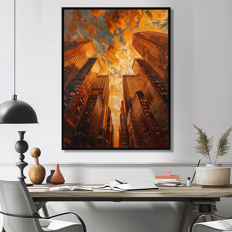 «Golden Perspective», gratte-ciel symphonie I - art mural gratte-ciel, Toile avec cadre flottant noir