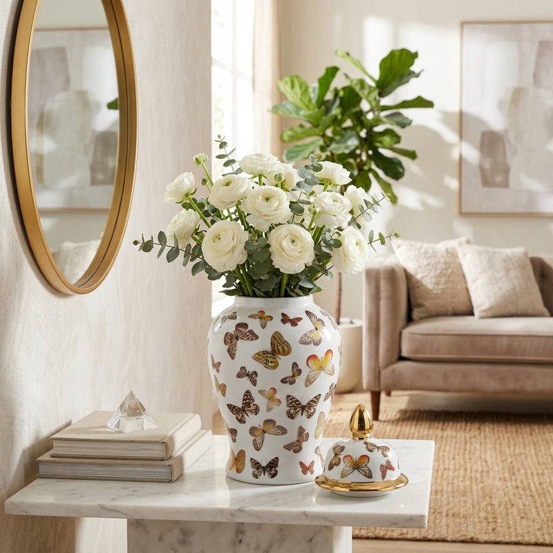 Gherghina Decorative Ceramic Butterfly Design Jar With Lid - Contemporary Tall Table Jar Decor - Versatile Jar Or Vase For Flowers In Living Room