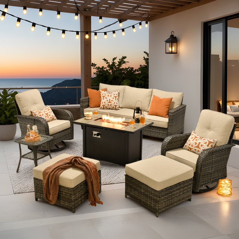 Ensemble de conversation canapé en osier pour 5 personnes avec coussins Allcot, Beige