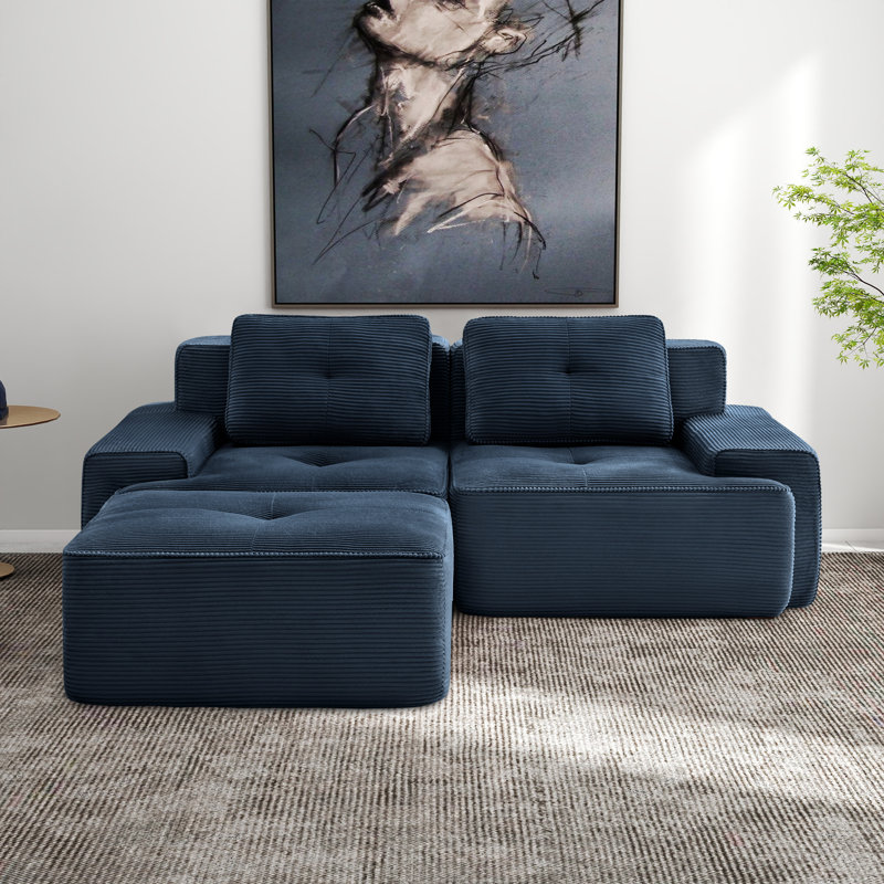 Canapé modulaire en forme de L de Boneless de 82 po pour le salon, tissu en velours côtelé, Bleu