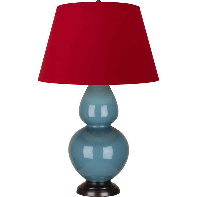 Lampe de table double gourde en céramique, Bleu acier émaillé / bronze, Blanc cassé, Bronze