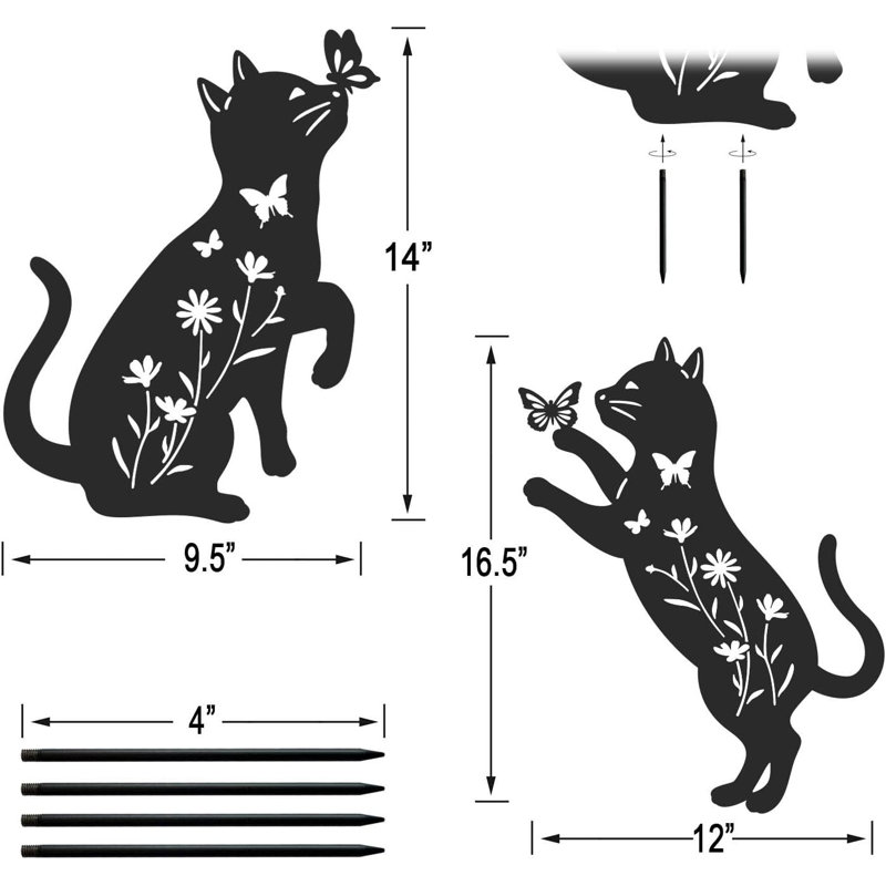 Décoration de jardin en métal pour chat, ensemble de 2 chats noirs