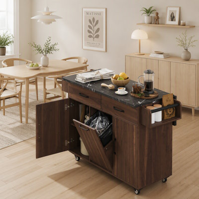 Kitchen Island with Trash Can Storage Cabinet, Kitchen Cart with Drop Leaf, Spice Rack, Towel Rack  Drawers