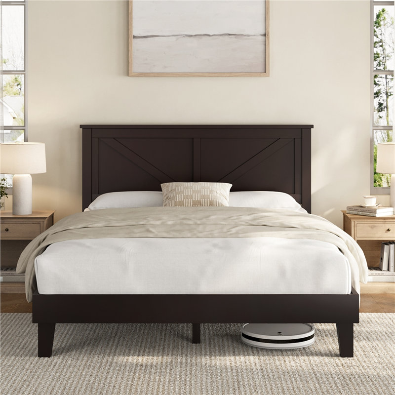 Farmhouse Wood Bed Platform with Headboard, Full / Double, Espresso