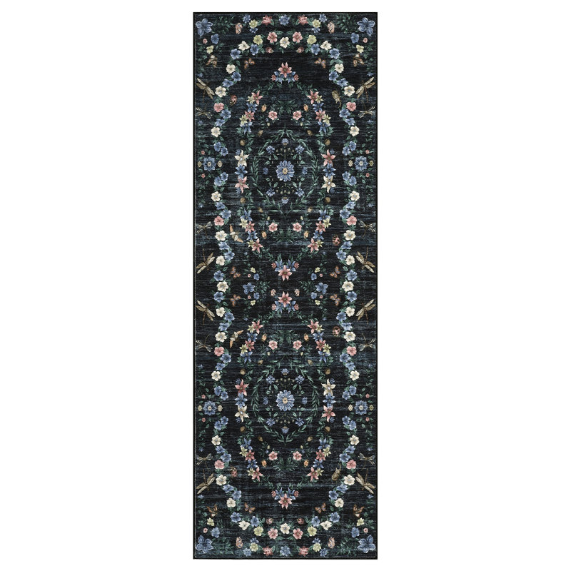 Washable Runner Rug 2x6 Floral Kitchen Runner Non Slip Vintage Throw Carpet for Hallway Boho Area Rugs for Entryway Laundry Bedroom Bathroom Black