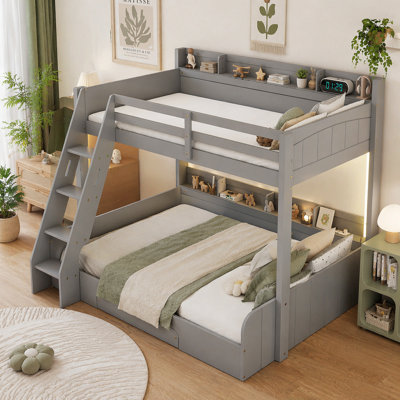 Twin over Full Bunk Bed with Storage Shelves, LED, Charging Station and a Drawer, Grey