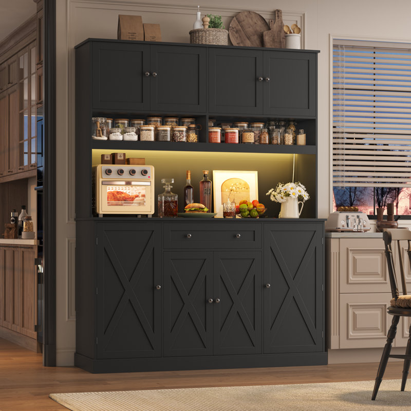 Armoire de cuisine de 72,8 po x l 55,1 po avec éclairage à DEL et prise de courant intégrée, support pour micro-ondes et tablettes réglables
