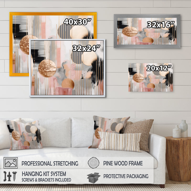 «Pink Stripes And Lines Modern Art III - Modern Shapes», décoration murale transitionnelle, Cadre photo noir