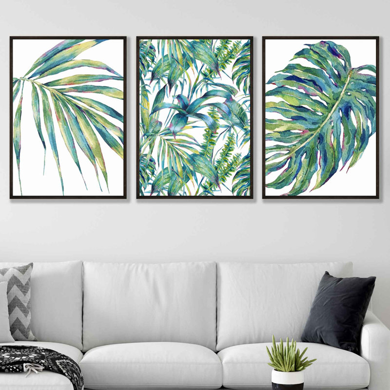 Abstract Botanical Tropical Flora In Green - 3 Piece Single Picture Frame Print Set, 43cm H x 33cm W, Black Framed
