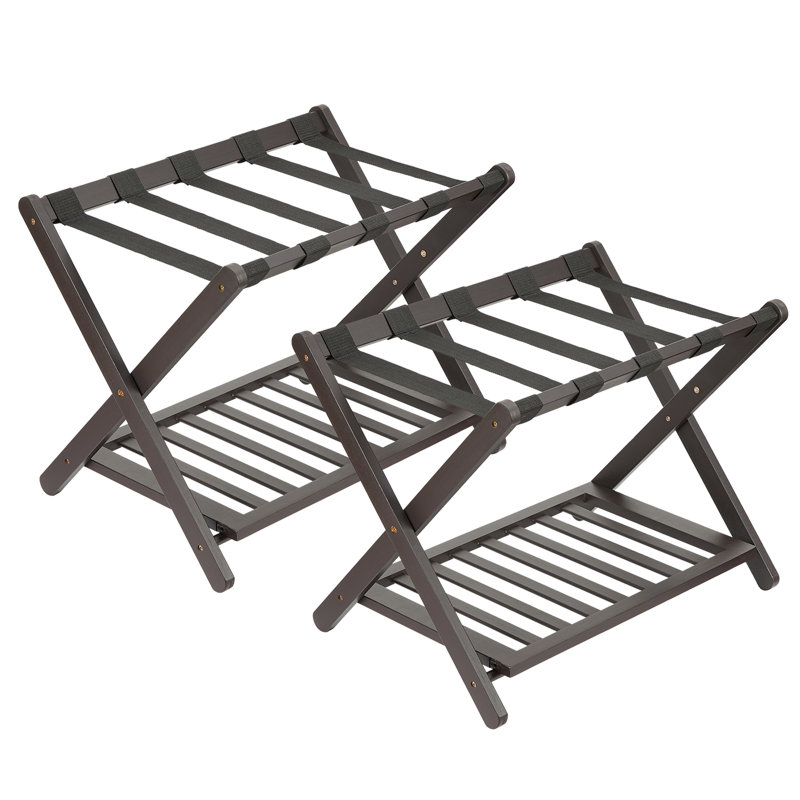 Luggage Rack, Folding Suitcase Stand with Storage Shelf and Nylon Straps, Brown Wood