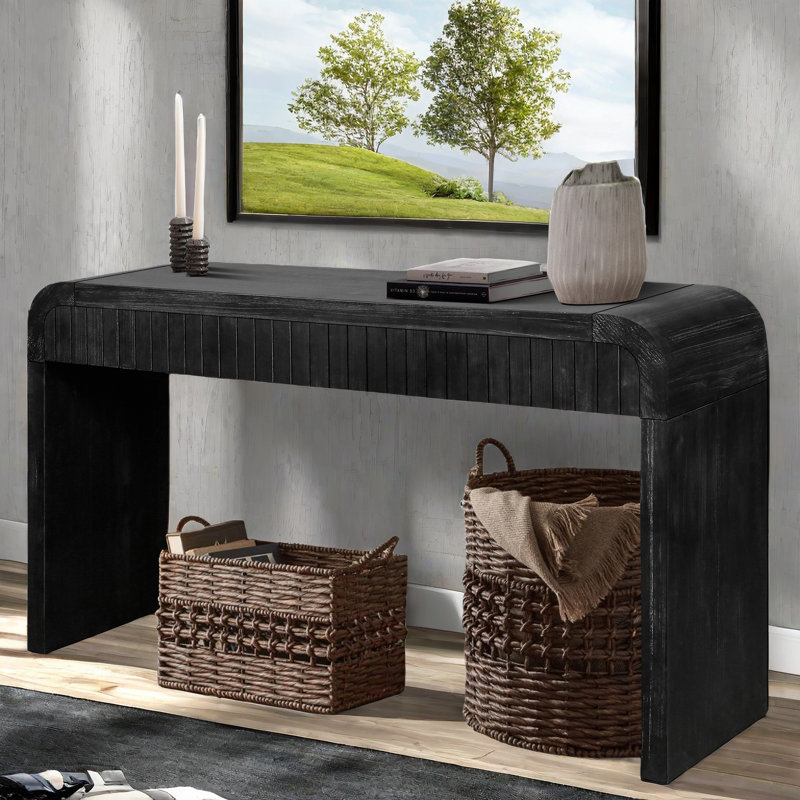 Farmhouse Avey Console Table With Two Hidden Handle Drawers And Curved Edge, Antique Black