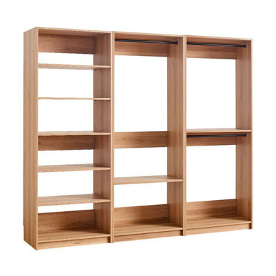 Dee Modular Closet System, 3 Clothing Racks, 6 Shelves In Oak Brown Wood