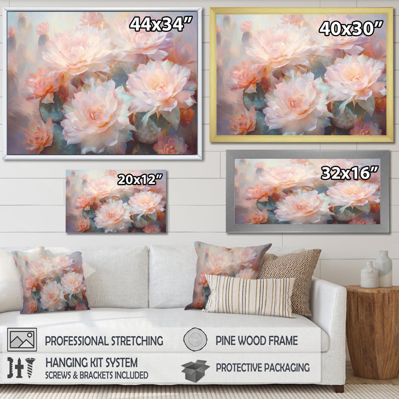 Impression romantique sur toile, cactus rose et vert II, H 16 po x l 32 po x P 1 po, Toile tendue
