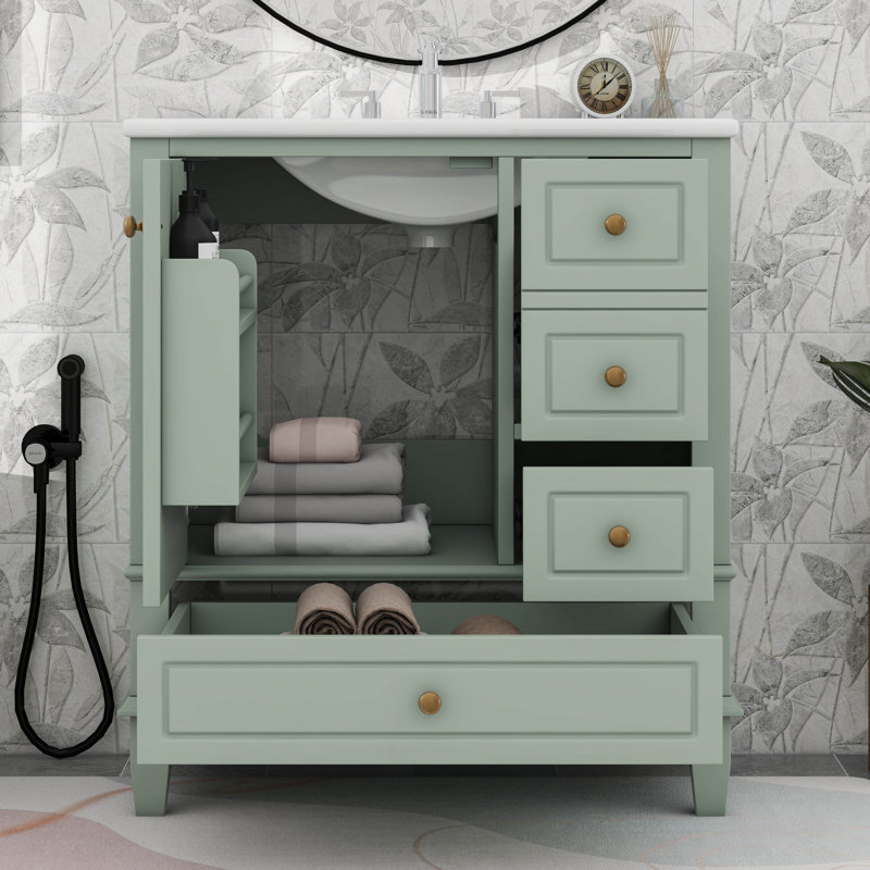 Meuble-lavabo 30 po avec lavabo, une porte avec tablette et trois tiroirs, Vert clair / doré